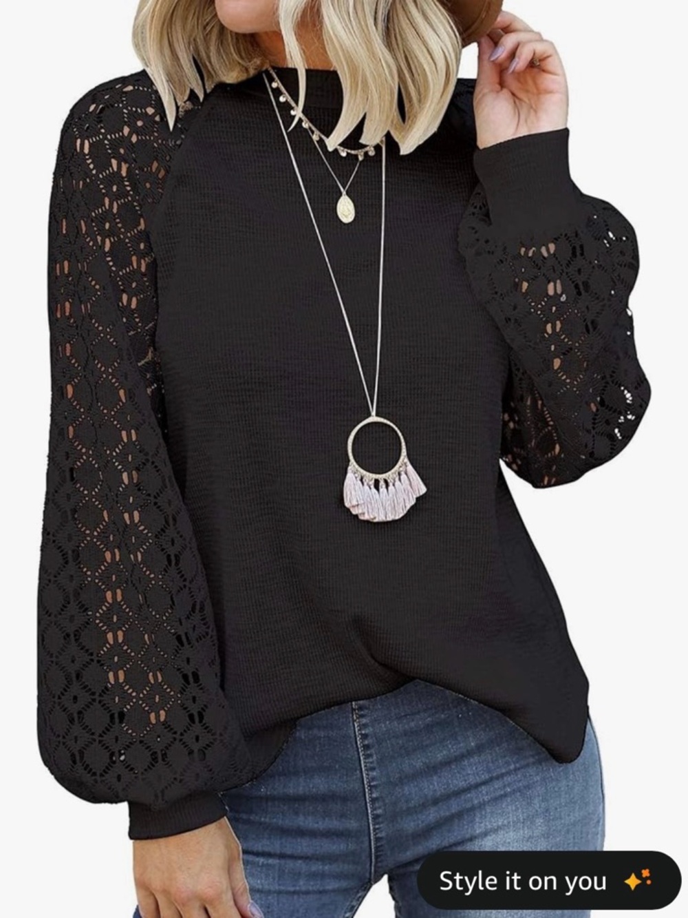 🤩 Gift for Mom Black Lace Sleeve Women's Top - Picture 4 of 4